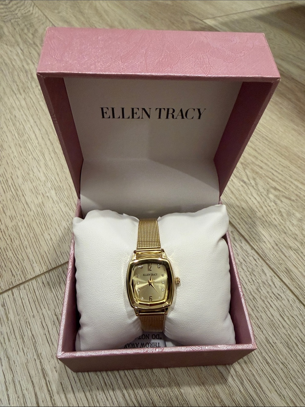 Ellen Tracy Gold Mesh Strap Square Dial Watch